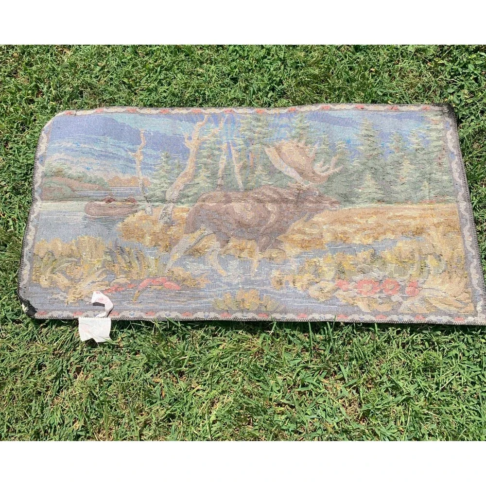 Vintage‎ Italian Tapestry Wall Hanging, Cabin Decor, Moose, Canoe, Rustic, Lodge